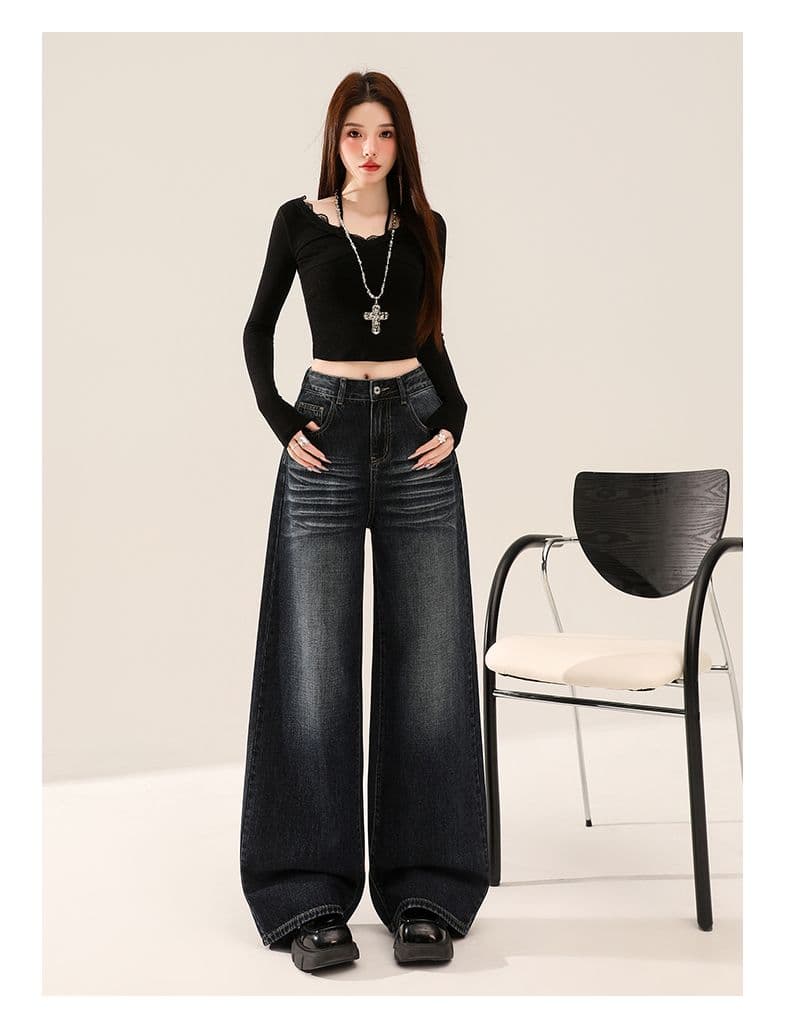 아메리칸 레트로 블루 회색 넓은 다리 청바지 여성 봄 새로운 루즈핏 하이웨이스트 도루 센스 스트레이트 팬츠 상세 이미지 19