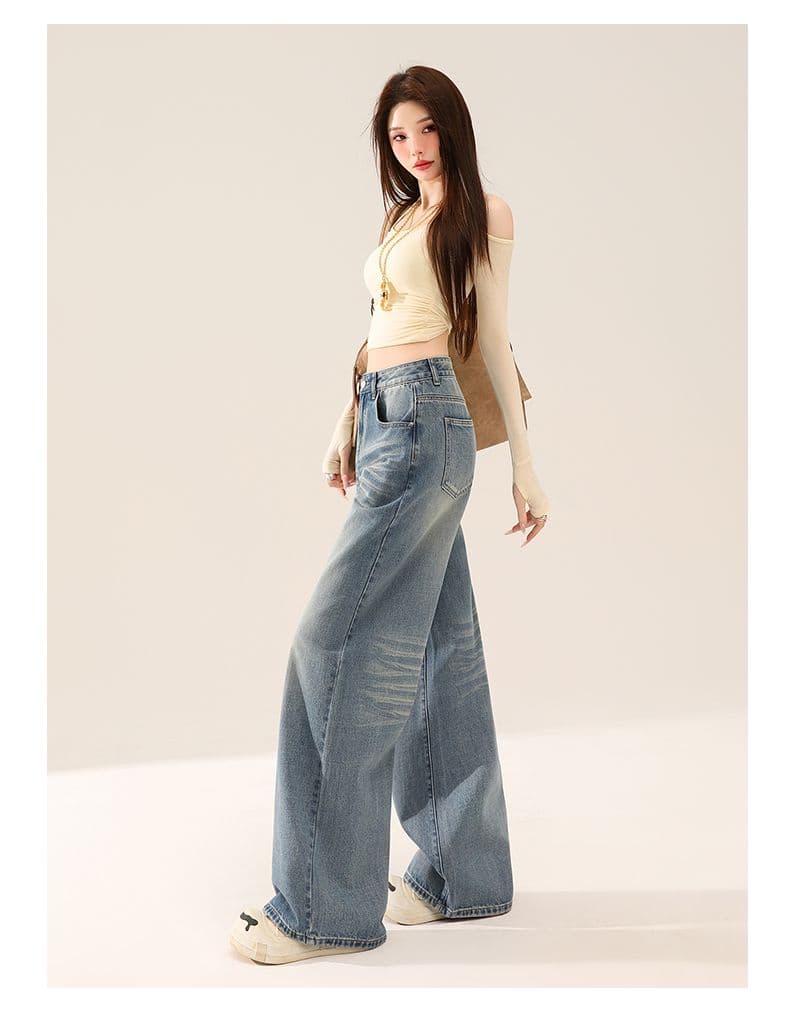 아메리칸 레트로 블루 회색 넓은 다리 청바지 여성 봄 새로운 루즈핏 하이웨이스트 도루 센스 스트레이트 팬츠 상세 이미지 23