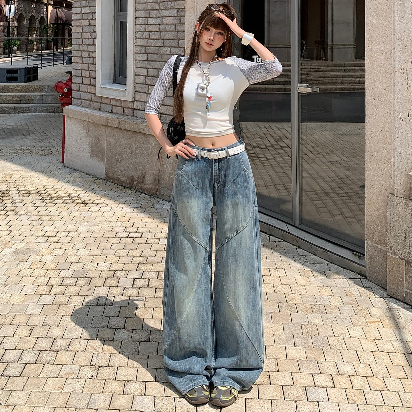 아메리칸 레트로 대나무 마디 곡물 가을 청바지 여성 패치워크 디자인 센스 루즈핏 슬림해 보이는 넓은 다리 스트레이트 팬츠 이미지 3
