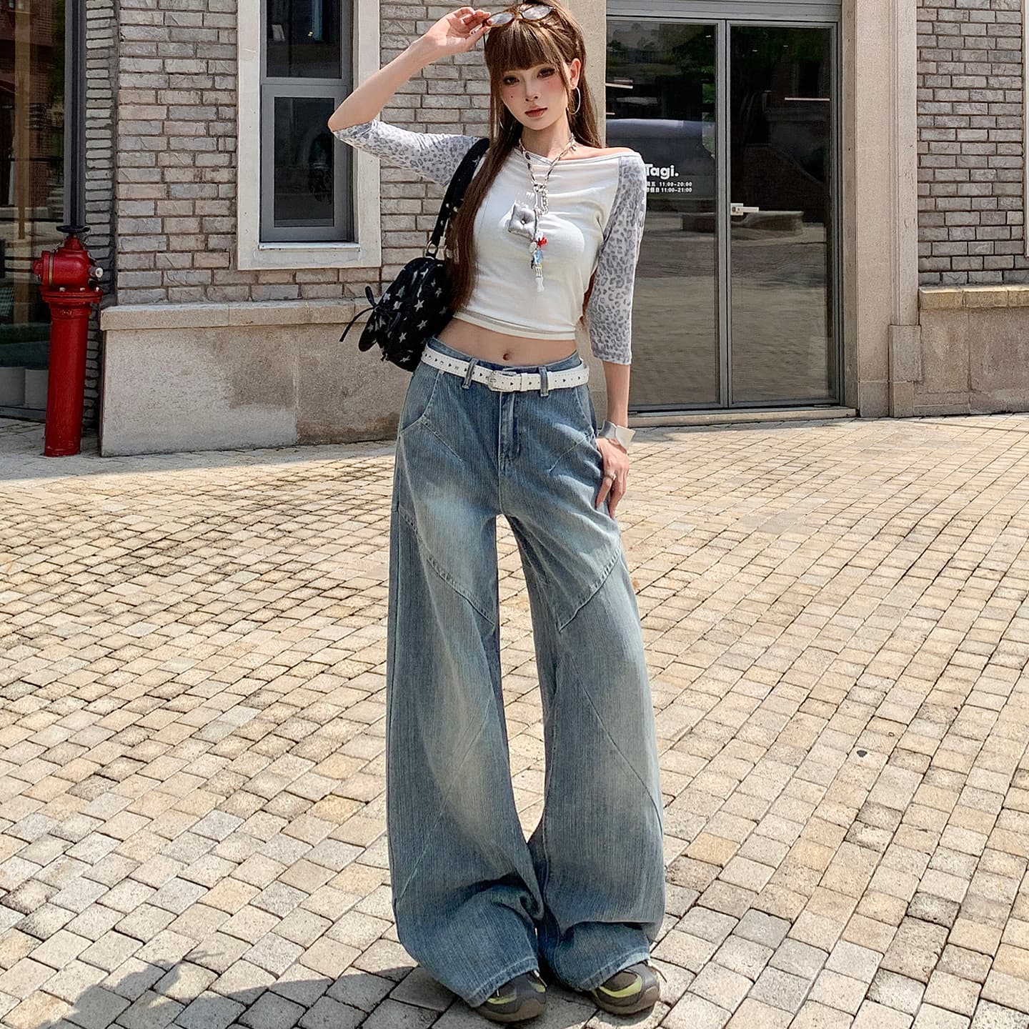 아메리칸 레트로 대나무 마디 곡물 가을 청바지 여성 패치워크 디자인 센스 루즈핏 슬림해 보이는 넓은 다리 스트레이트 팬츠 이미지 4
