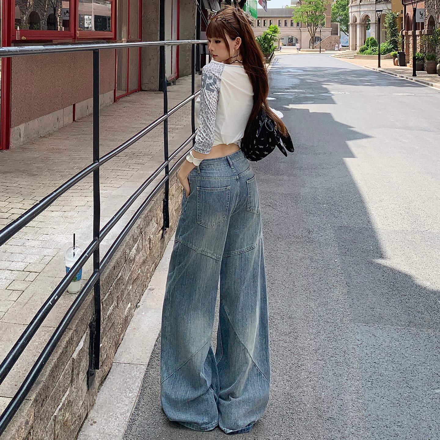 아메리칸 레트로 대나무 마디 곡물 가을 청바지 여성 패치워크 디자인 센스 루즈핏 슬림해 보이는 넓은 다리 스트레이트 팬츠