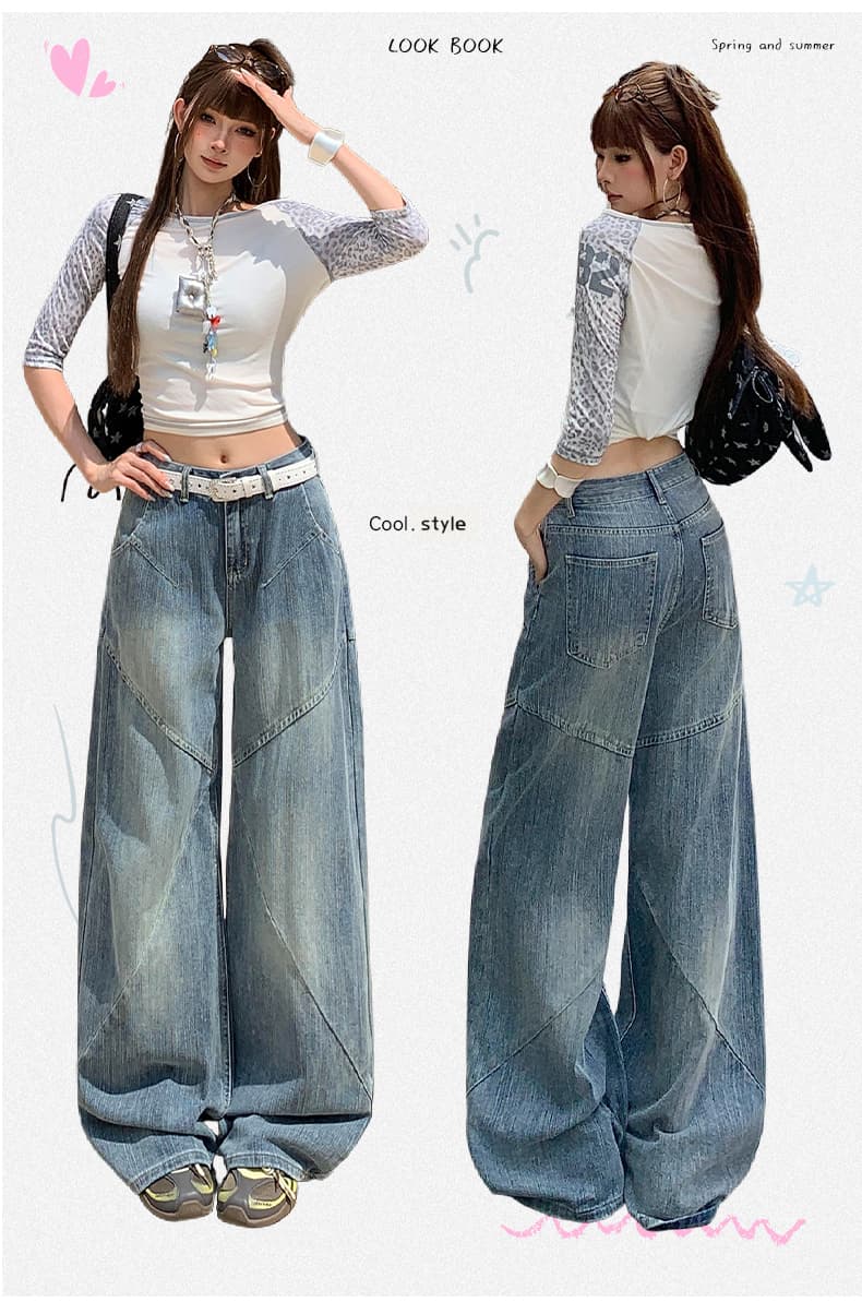 아메리칸 레트로 대나무 마디 곡물 가을 청바지 여성 패치워크 디자인 센스 루즈핏 슬림해 보이는 넓은 다리 스트레이트 팬츠 상세 이미지 2