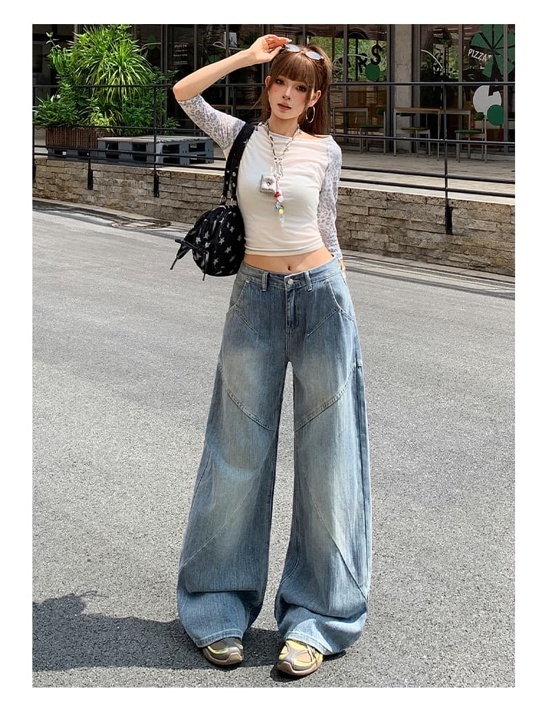아메리칸 레트로 대나무 마디 곡물 가을 청바지 여성 패치워크 디자인 센스 루즈핏 슬림해 보이는 넓은 다리 스트레이트 팬츠 상세 이미지 7