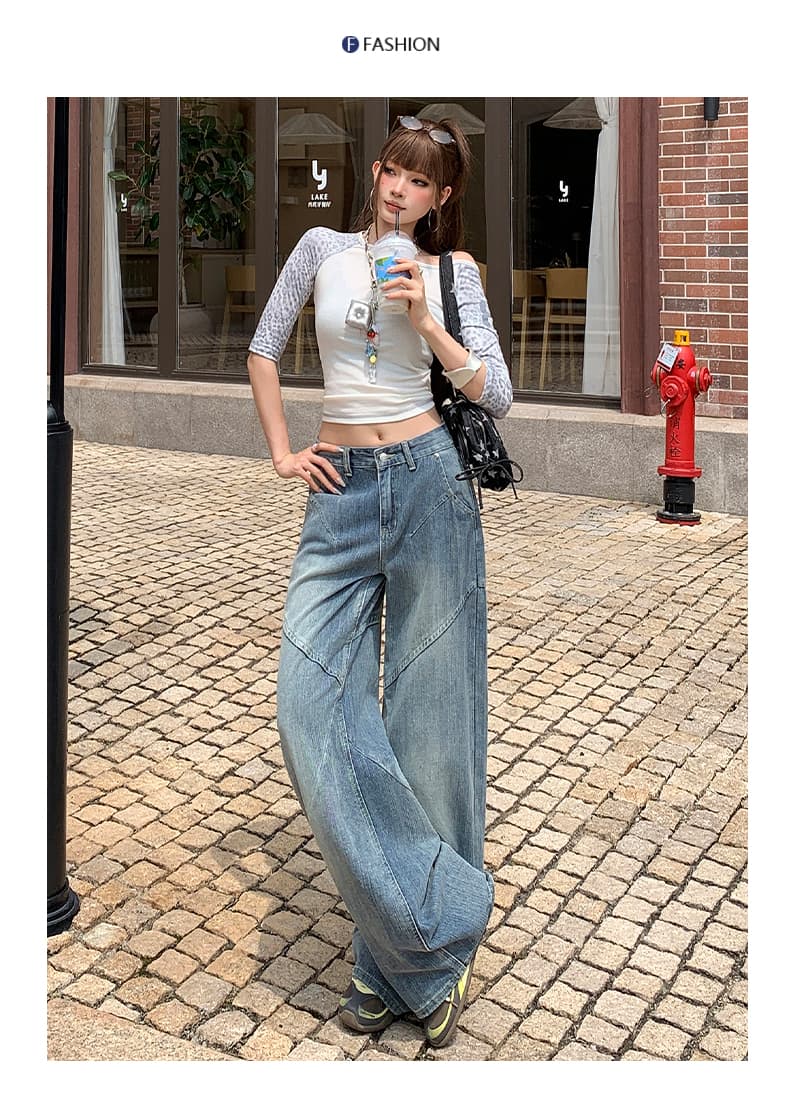 아메리칸 레트로 대나무 마디 곡물 가을 청바지 여성 패치워크 디자인 센스 루즈핏 슬림해 보이는 넓은 다리 스트레이트 팬츠 상세 이미지 12