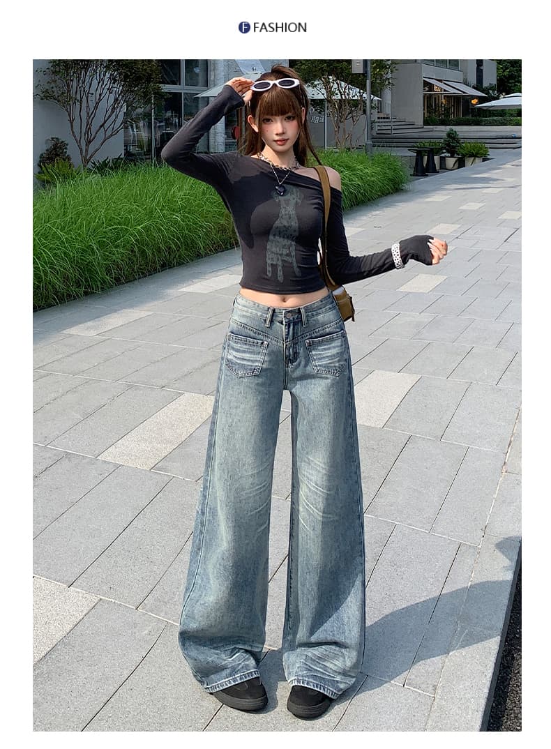 가을 레트로 워싱 마 오래된 디자인 센스 아메리칸 스트레이트 루즈핏 슬림해 보이는 바닥 청소 청바지 여성 상세 이미지 11