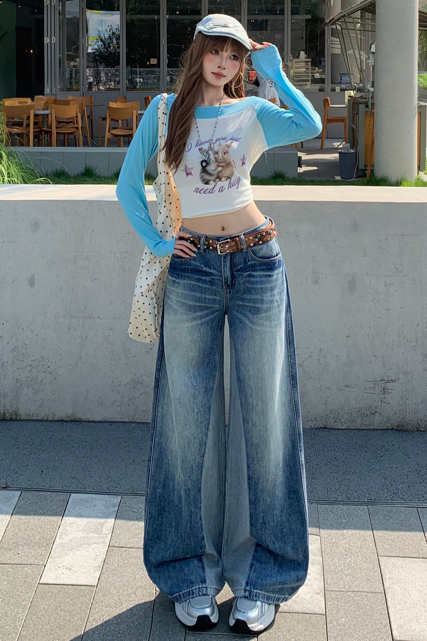 아메리칸 가을 레트로 블루 청바지 여성 새로운 패션 와 성별 패치워크 패치워크 색상 디자인 센스 스트레이트 팬츠 이미지 6