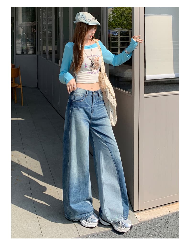 아메리칸 가을 레트로 블루 청바지 여성 새로운 패션 와 성별 패치워크 패치워크 색상 디자인 센스 스트레이트 팬츠 상세 이미지 10