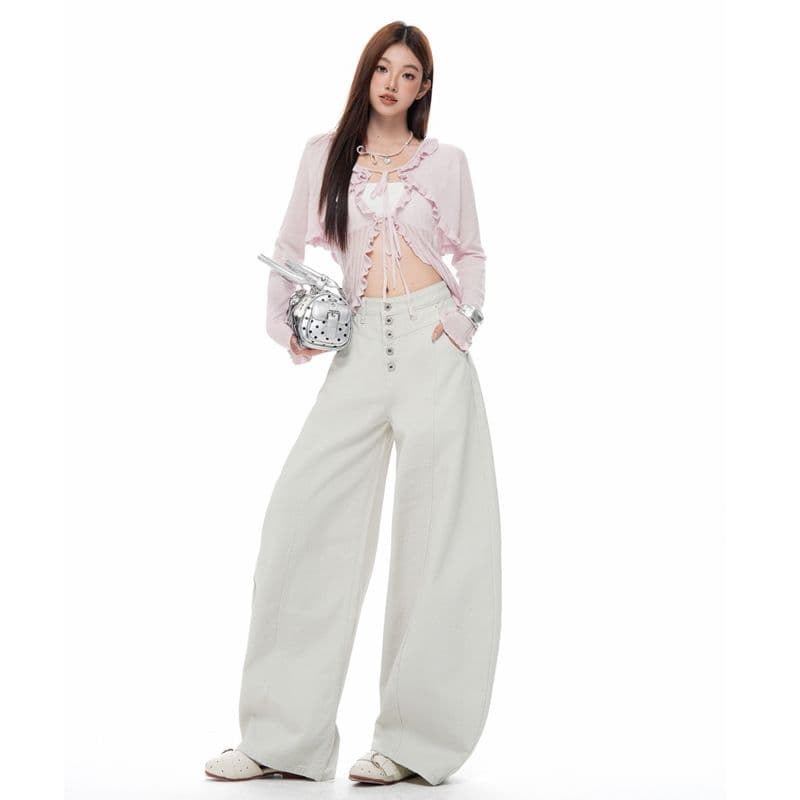 새로운 칙칙한 흰색 아메리칸 레트로 싱글 줄 버튼 청바지 여성 루즈핏 다용도 넓은 다리 길이 바지 이미지 2