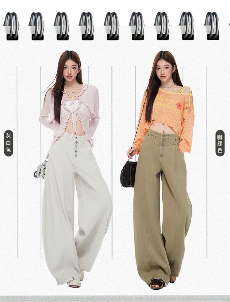 새로운 칙칙한 흰색 아메리칸 레트로 싱글 줄 버튼 청바지 여성 루즈핏 다용도 넓은 다리 길이 바지 상세 이미지 2