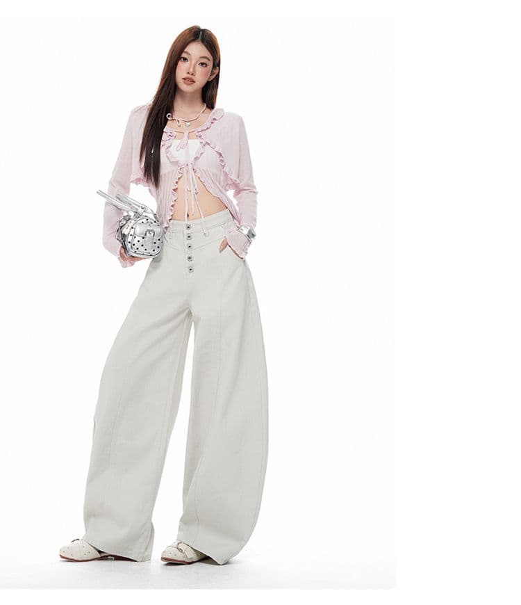 새로운 칙칙한 흰색 아메리칸 레트로 싱글 줄 버튼 청바지 여성 루즈핏 다용도 넓은 다리 길이 바지 상세 이미지 6