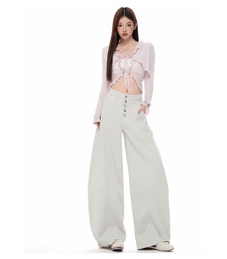 새로운 칙칙한 흰색 아메리칸 레트로 싱글 줄 버튼 청바지 여성 루즈핏 다용도 넓은 다리 길이 바지 상세 이미지 9