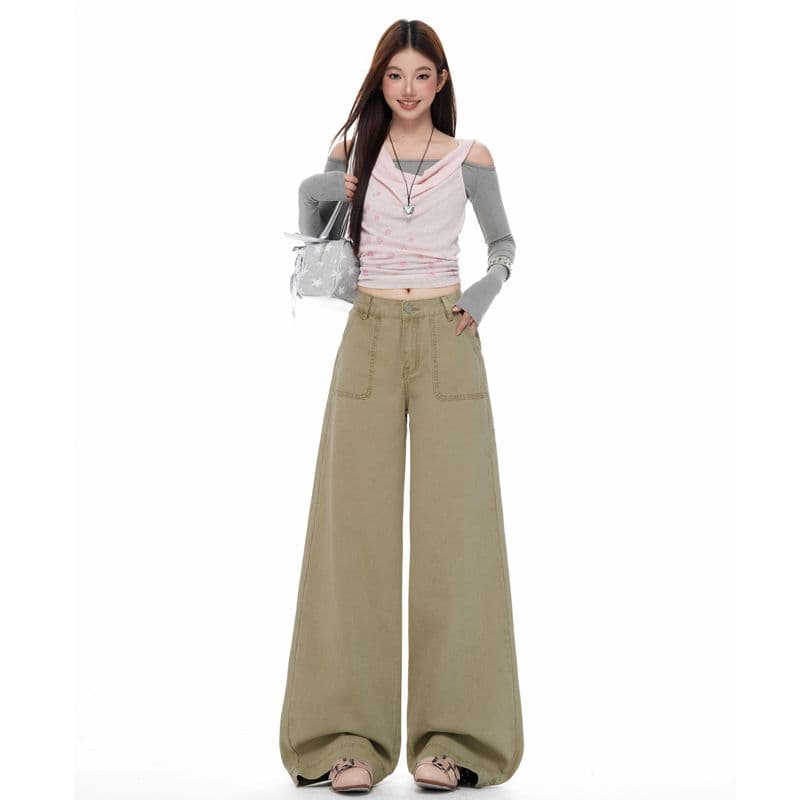 새로운 카키 색 순면 넓은 다리 로우 웨이스트 청바지 여성 루즈핏 슬림해 보이는 디스플레이 높음 도루 센스 캐주얼 바지 이미지 3