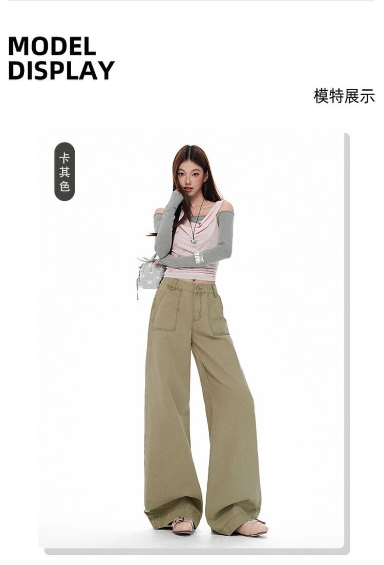 새로운 카키 색 순면 넓은 다리 로우 웨이스트 청바지 여성 루즈핏 슬림해 보이는 디스플레이 높음 도루 센스 캐주얼 바지 상세 이미지 5