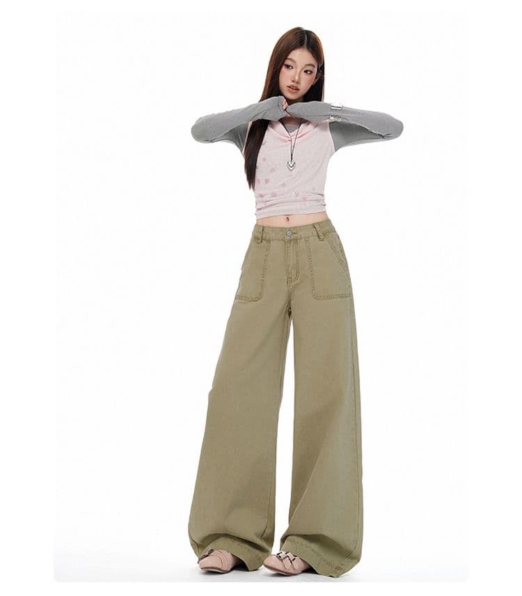 새로운 카키 색 순면 넓은 다리 로우 웨이스트 청바지 여성 루즈핏 슬림해 보이는 디스플레이 높음 도루 센스 캐주얼 바지 상세 이미지 9