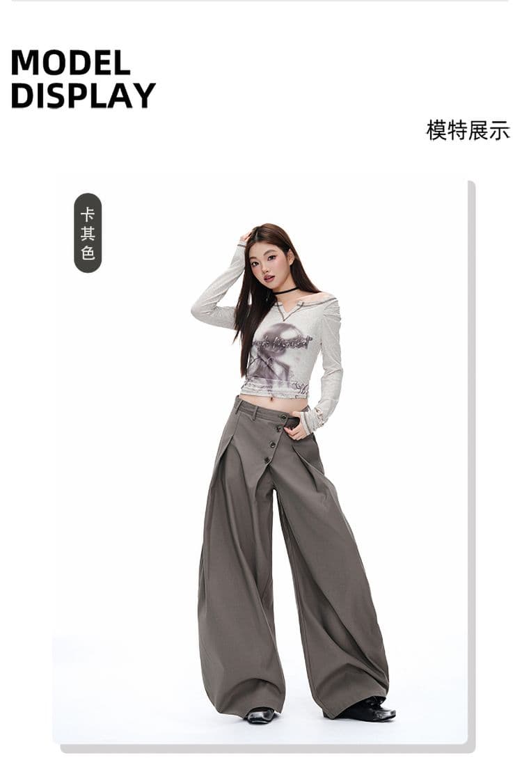 새로운 카키 색 아메리칸 레트로 모통이 칼 슬랙스 레트로 단추 디자인 도루 센스 출퇴근 캐주얼 바지 여성 상세 이미지 5