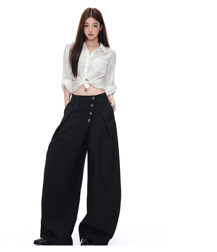 검정색 아메리칸 레트로 모통이 칼 슬랙스 레트로 단추 디자인 도루 센스 출퇴근 캐주얼 바지 여성 상세 이미지 6