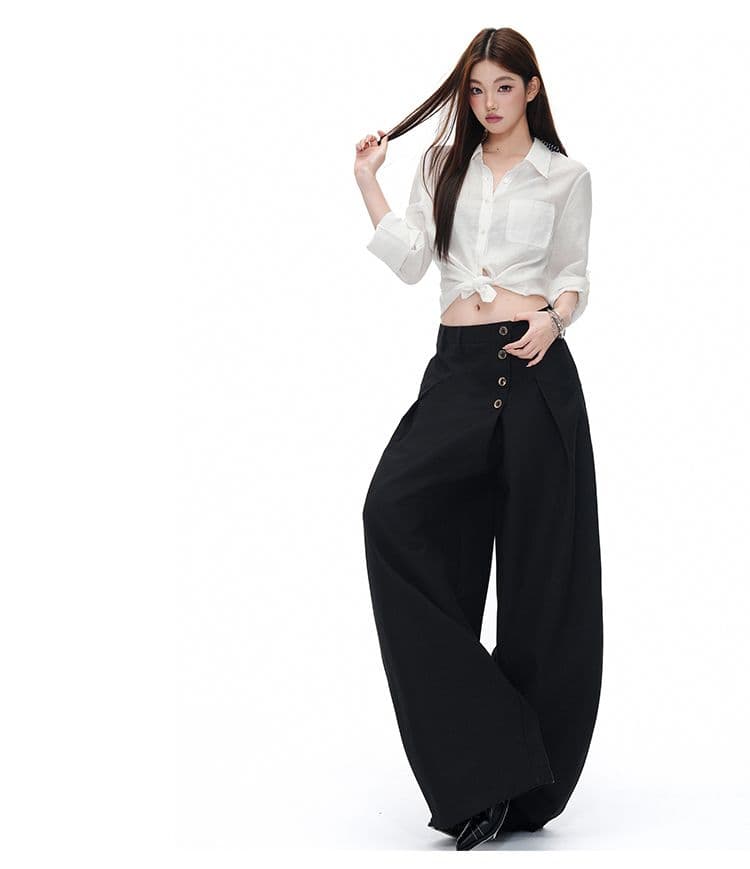 검정색 아메리칸 레트로 모통이 칼 슬랙스 레트로 단추 디자인 도루 센스 출퇴근 캐주얼 바지 여성 상세 이미지 7