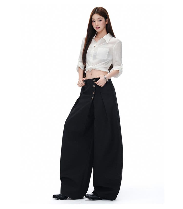 검정색 아메리칸 레트로 모통이 칼 슬랙스 레트로 단추 디자인 도루 센스 출퇴근 캐주얼 바지 여성 상세 이미지 9