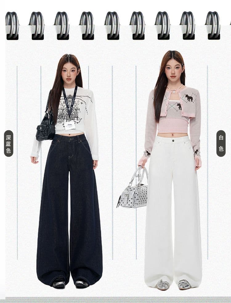 새로운 아메리칸 레트로 루즈핏 와이드 레그 팬츠 등 허리 수 있습니다. 조정 버클 디자인 화이트 청바지 여성 상세 이미지 2