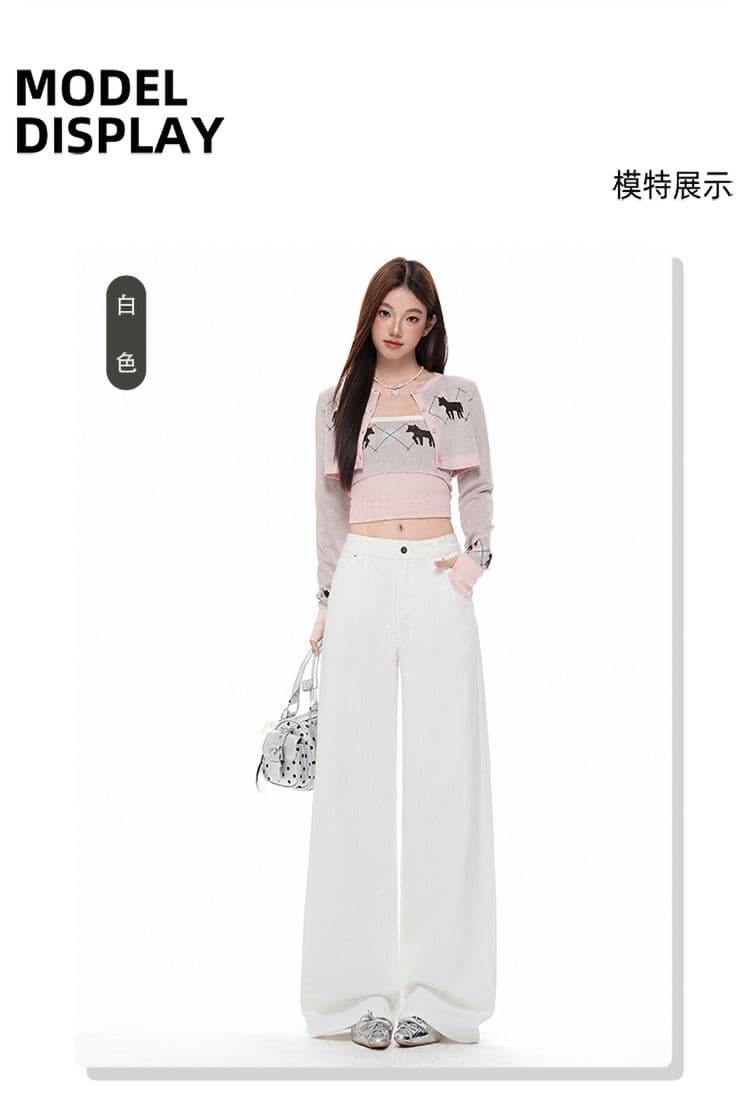 새로운 아메리칸 레트로 루즈핏 와이드 레그 팬츠 등 허리 수 있습니다. 조정 버클 디자인 화이트 청바지 여성 상세 이미지 5