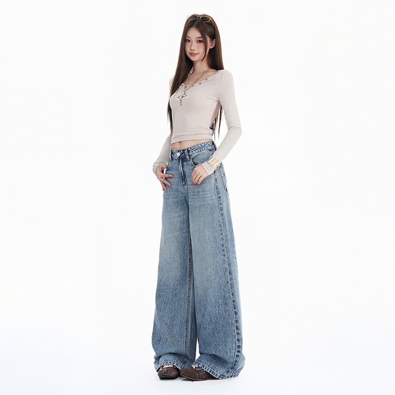 가을 루즈핏 스트레이트 중간 허리 워싱 블루 강아지 프린트 디자인 센스 청바지 여성 루즈핏 다용도 와이드 레그 팬츠 이미지 4