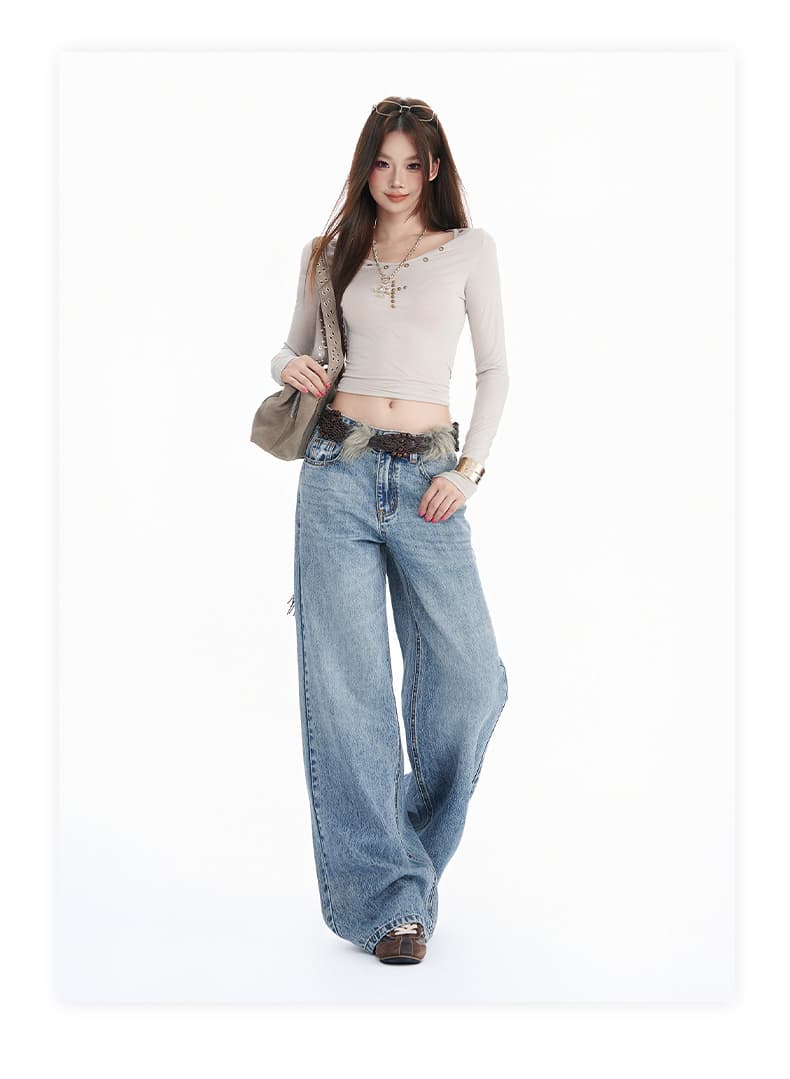 가을 루즈핏 스트레이트 중간 허리 워싱 블루 강아지 프린트 디자인 센스 청바지 여성 루즈핏 다용도 와이드 레그 팬츠 상세 이미지 10
