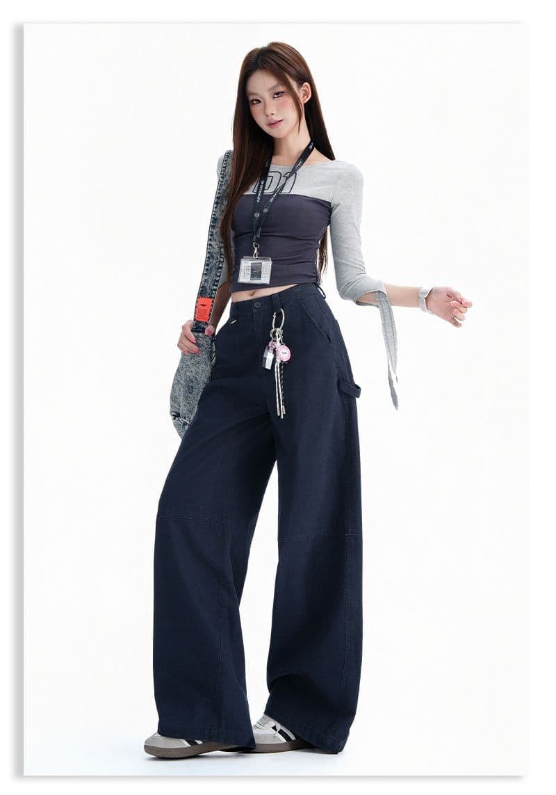 가을 아메리칸 레트로 루즈핏 넓은 다리 워크웨어 청바지 여성 상세 이미지 20