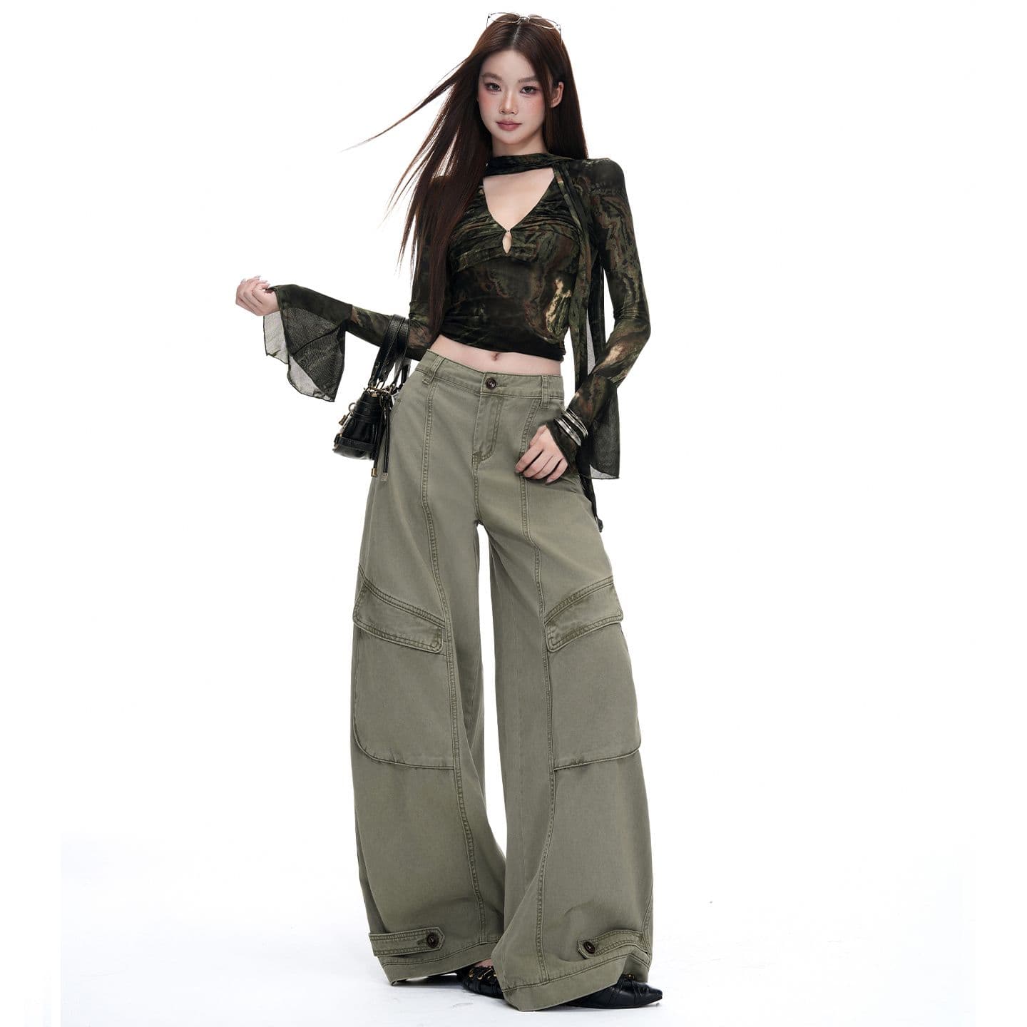 가을 아메리칸 레트로 기타 주머니 디자인 루즈핏 넓은 다리 워크웨어 청바지 여성