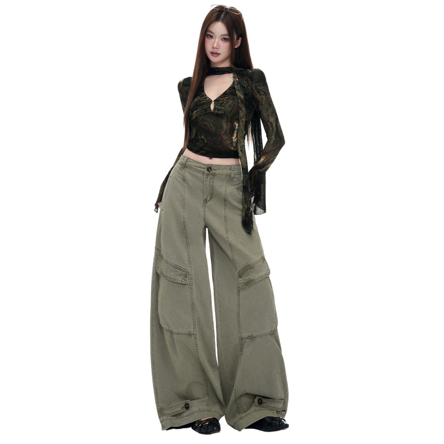 가을 아메리칸 레트로 기타 주머니 디자인 루즈핏 넓은 다리 워크웨어 청바지 여성 이미지 4