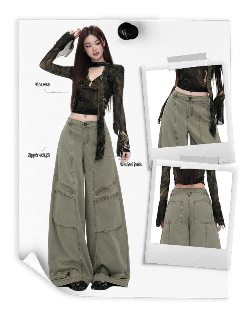 가을 아메리칸 레트로 기타 주머니 디자인 루즈핏 넓은 다리 워크웨어 청바지 여성 상세 이미지 3