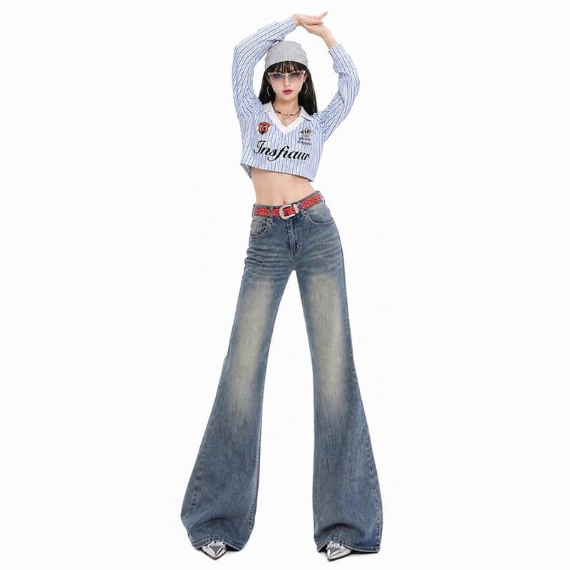 걸어 건너기 골짜기 핫걸 레트로 부츠컷 청바지 여성 하늘색 아니요 막대기 다리 핫걸 슬림해 보이는 마이크로 나팔 바지