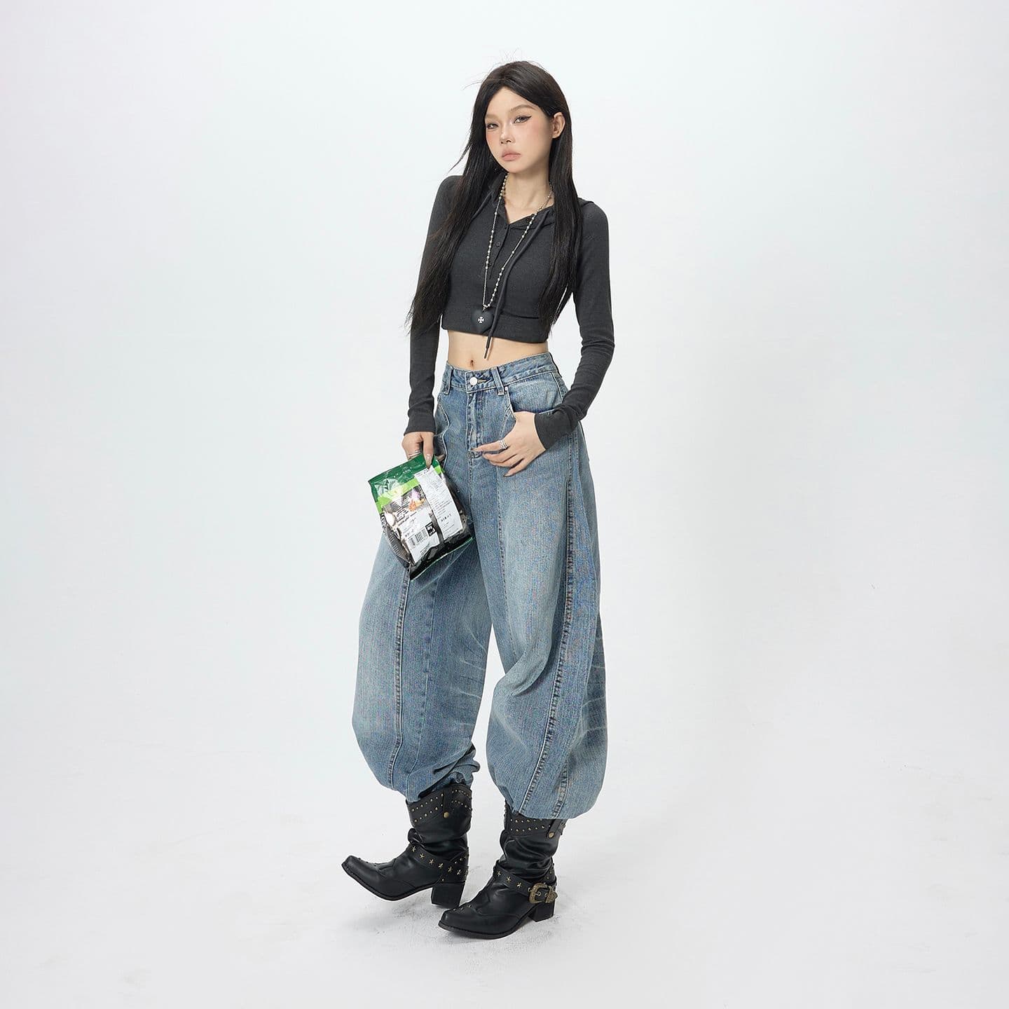 아메리칸 레트로 하이웨이스트 루즈핏 와이드 레그 팬츠 모통이 칼 다용도 거친 가장자리 바나나 바지 가을 겨울 청바지 여성 이미지 4