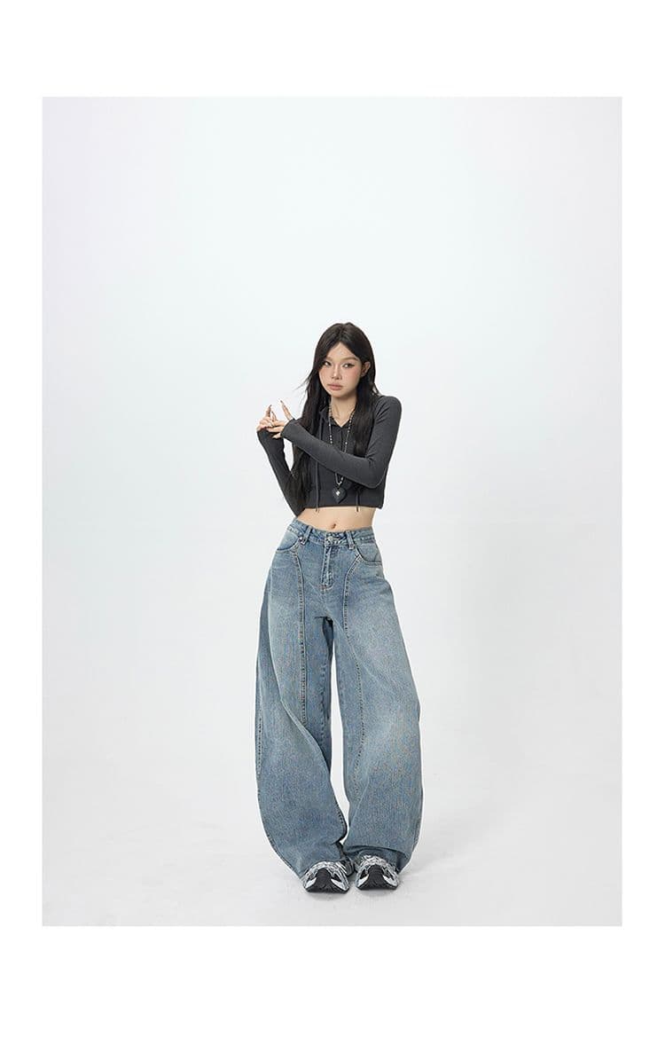 아메리칸 레트로 하이웨이스트 루즈핏 와이드 레그 팬츠 모통이 칼 다용도 거친 가장자리 바나나 바지 가을 겨울 청바지 여성 상세 이미지 13