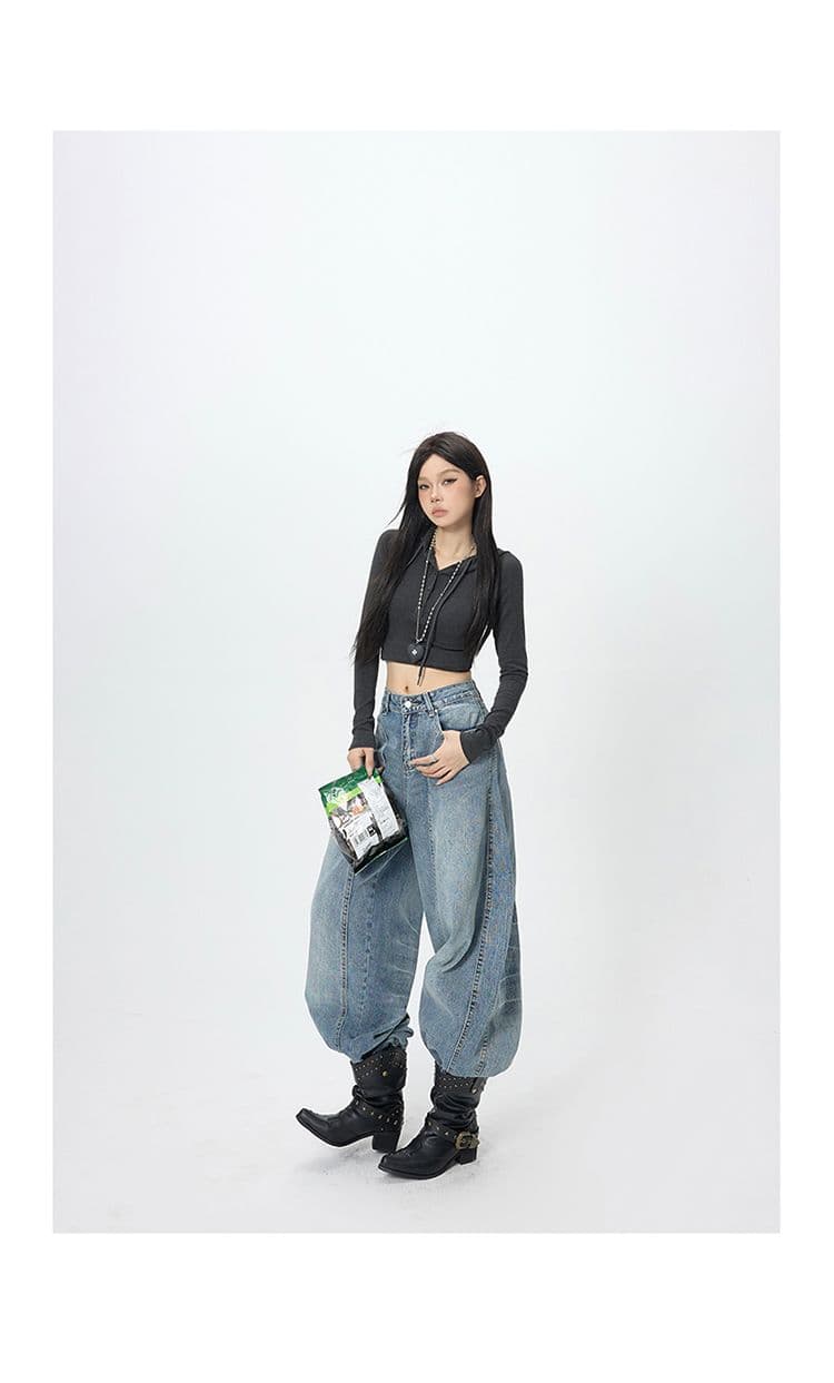 아메리칸 레트로 하이웨이스트 루즈핏 와이드 레그 팬츠 모통이 칼 다용도 거친 가장자리 바나나 바지 가을 겨울 청바지 여성 상세 이미지 15