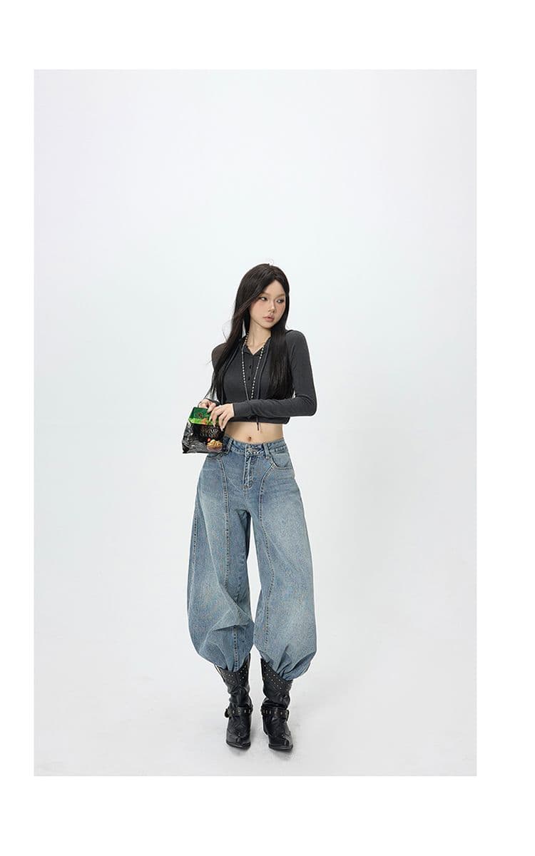 아메리칸 레트로 하이웨이스트 루즈핏 와이드 레그 팬츠 모통이 칼 다용도 거친 가장자리 바나나 바지 가을 겨울 청바지 여성 상세 이미지 16
