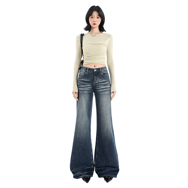 아메리칸 핫걸 로우 웨이스트 청바지 여성 봄 가을 새로운 대나무 마디 곡물 레트로 블루 스트레이트 바닥 청소 나팔 바지 이미지 5
