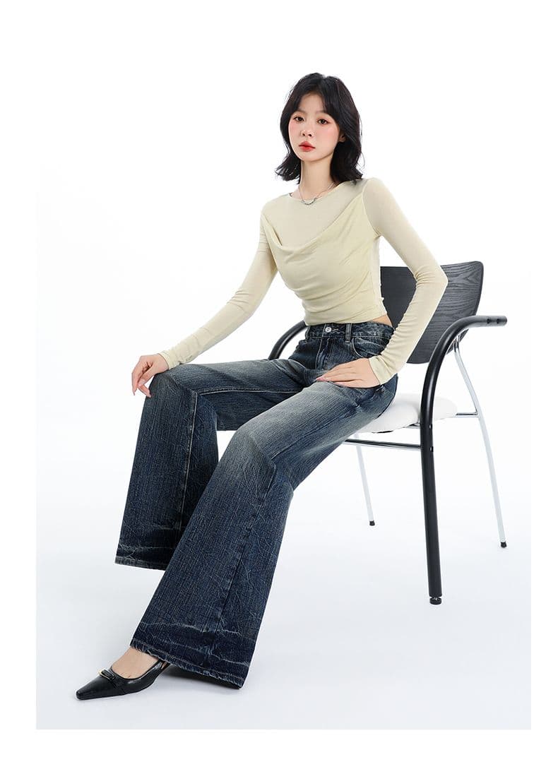 아메리칸 핫걸 로우 웨이스트 청바지 여성 봄 가을 새로운 대나무 마디 곡물 레트로 블루 스트레이트 바닥 청소 나팔 바지 상세 이미지 20
