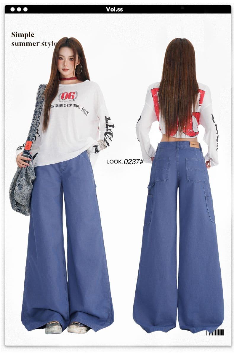 법 일 블루 아메리칸 레트로 워크웨어 청바지 여성 가을 새로운 디자인 센스 루즈핏 슬림해 보이는 넓은 다리 바닥 청소 바지 상세 이미지 1