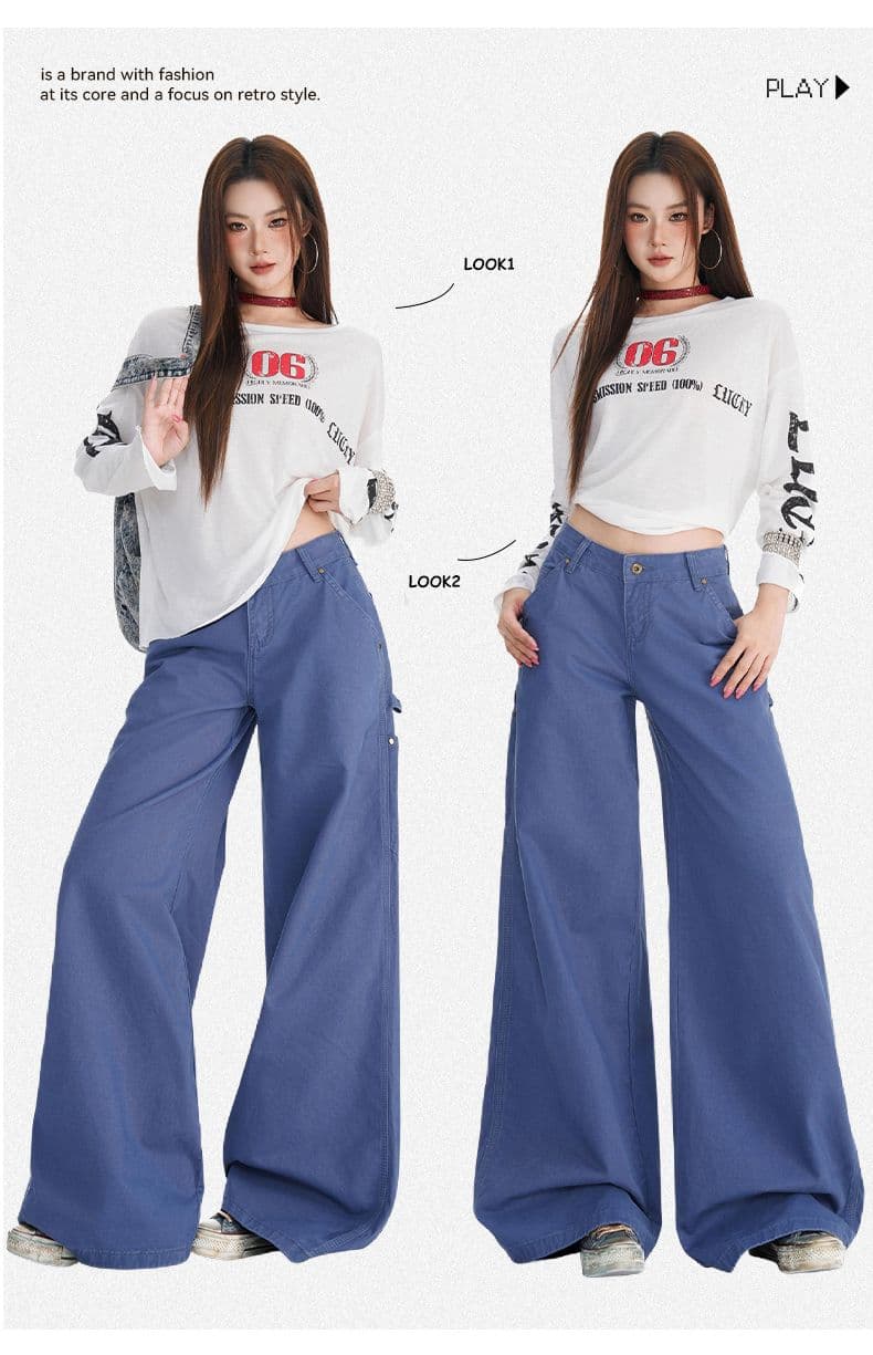 법 일 블루 아메리칸 레트로 워크웨어 청바지 여성 가을 새로운 디자인 센스 루즈핏 슬림해 보이는 넓은 다리 바닥 청소 바지 상세 이미지 2