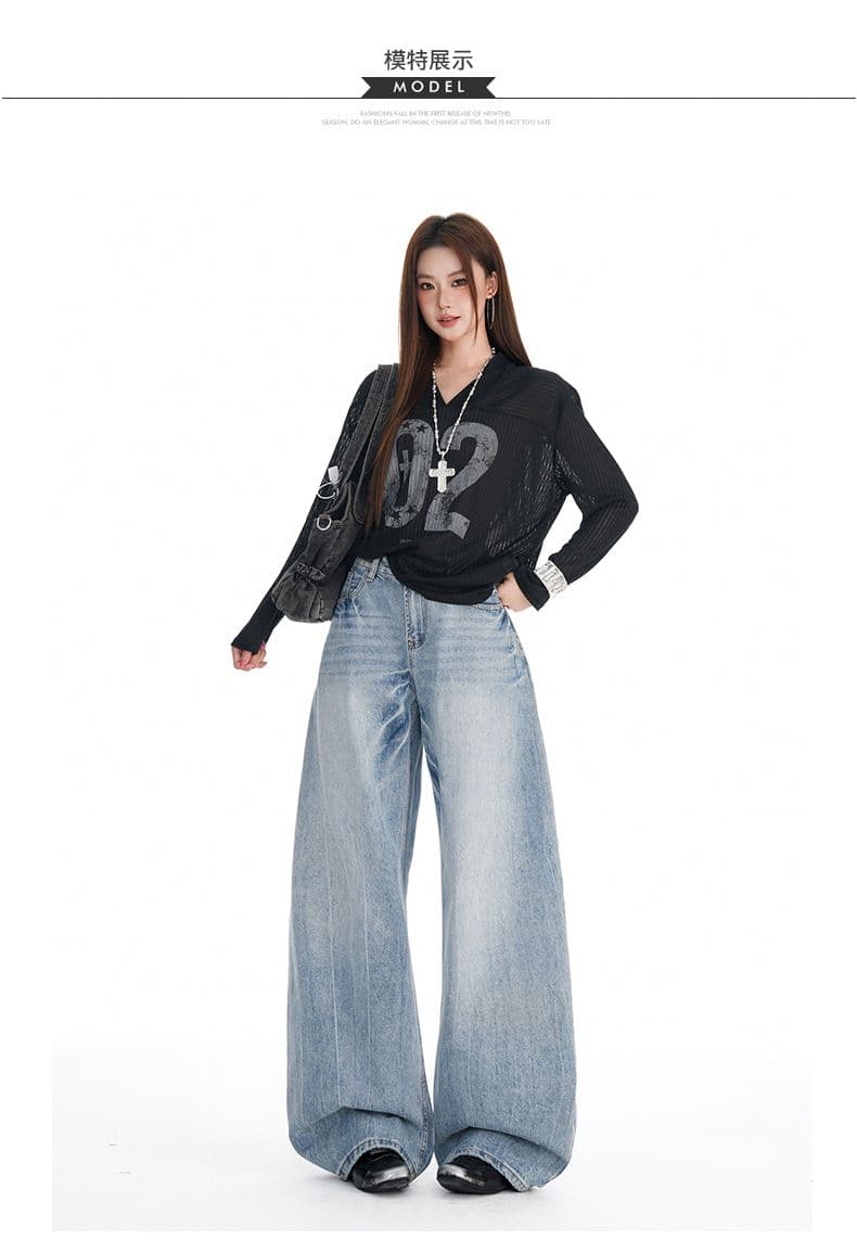아메리칸 레트로 블루 넓은 다리 청바지 여성 가을 새로운 무거운 작업 워싱 중 로우 웨이스트 루즈핏 모통이 칼 바닥 청소 바지 상세 이미지 4