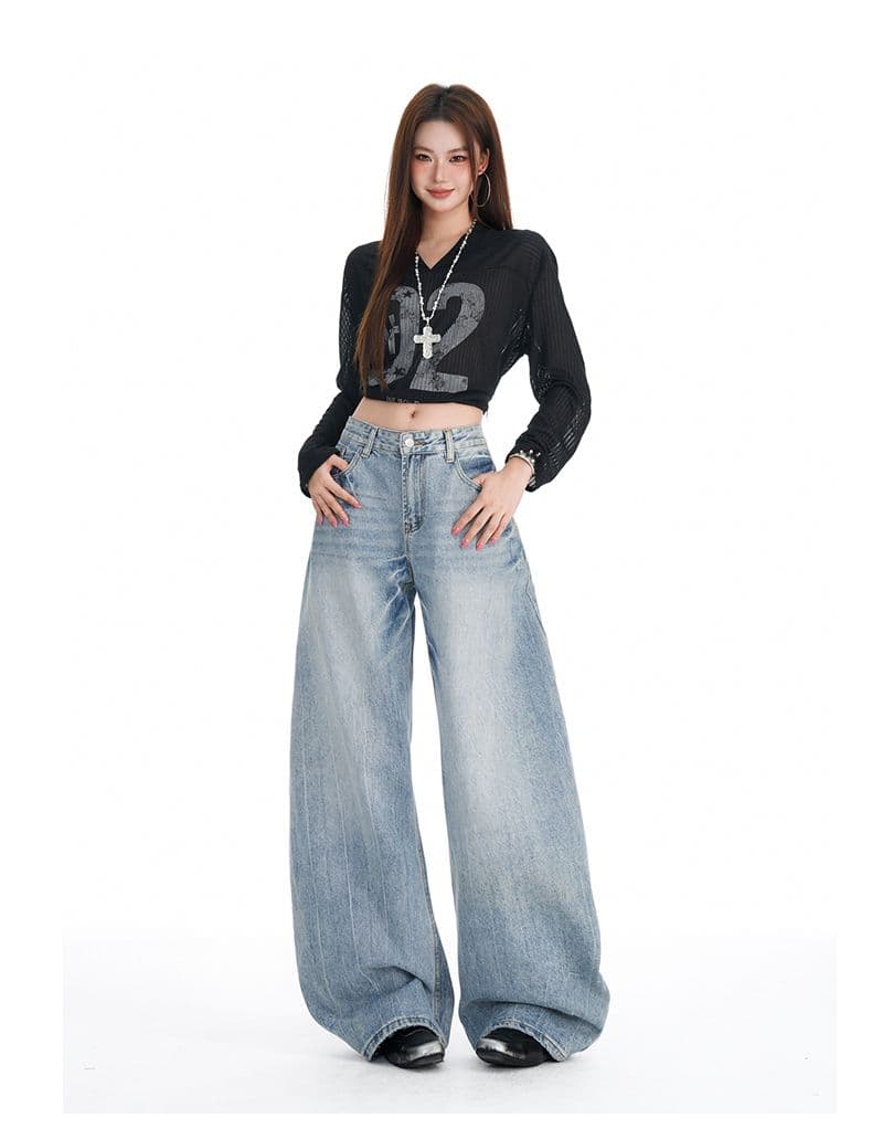 아메리칸 레트로 블루 넓은 다리 청바지 여성 가을 새로운 무거운 작업 워싱 중 로우 웨이스트 루즈핏 모통이 칼 바닥 청소 바지 상세 이미지 12