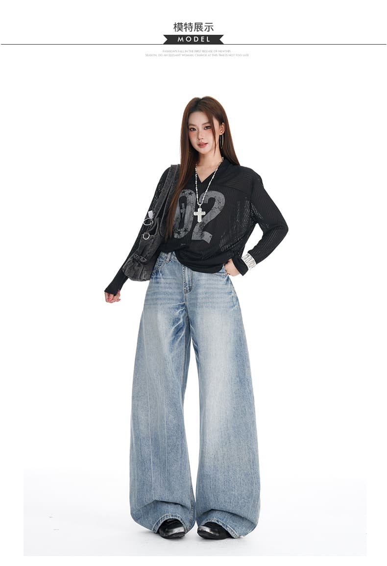 아메리칸 레트로 블루 넓은 다리 청바지 여성 가을 겨울 새로운 무거운 작업 워싱 중 로우 웨이스트 루즈핏 모통이 칼 바닥 청소 바지 상세 이미지 4
