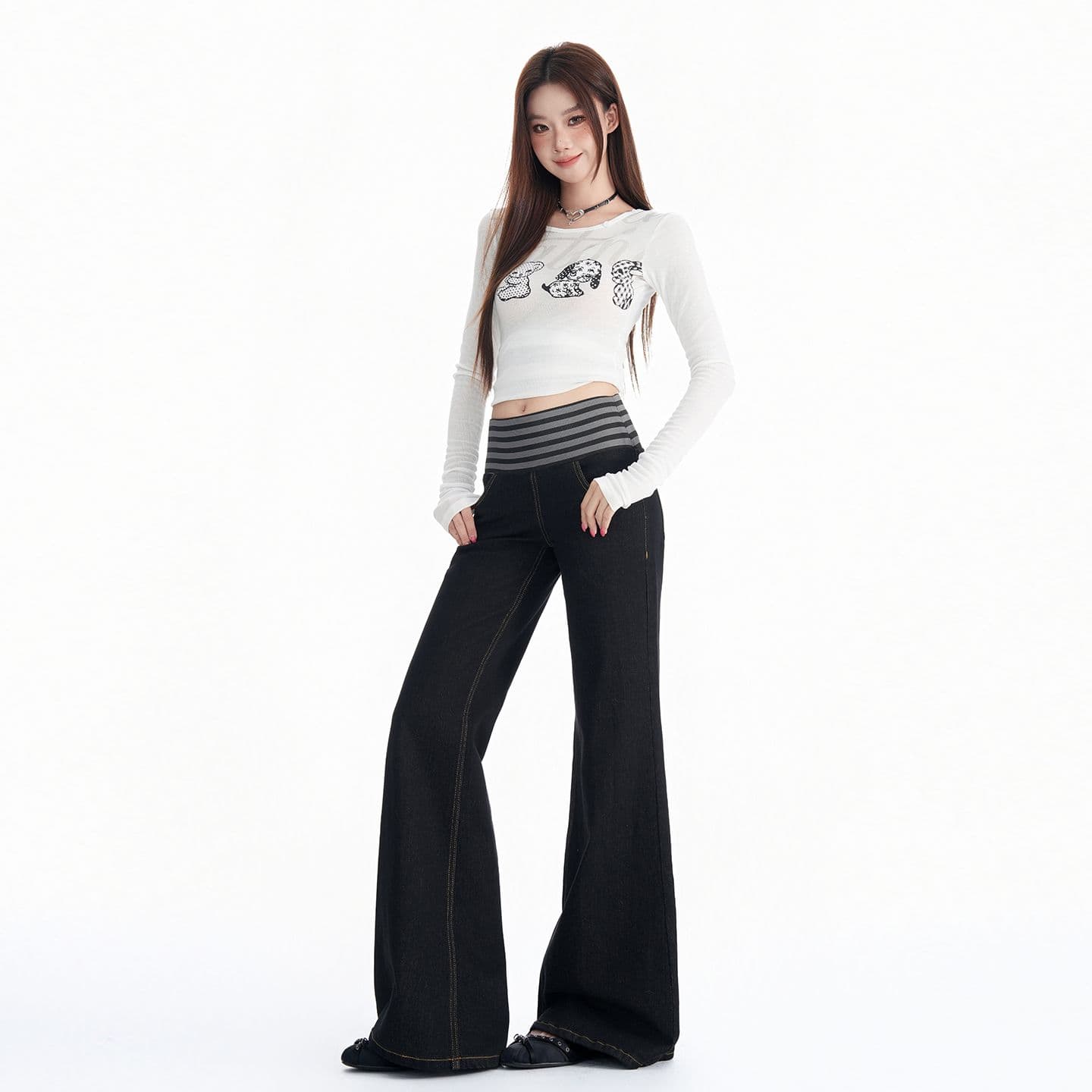 가을 아메리칸 거리 패치워크 스트라이프 신축성 아니요 막대기 다리 루즈핏 부츠컷 청바지 여성 이미지 3