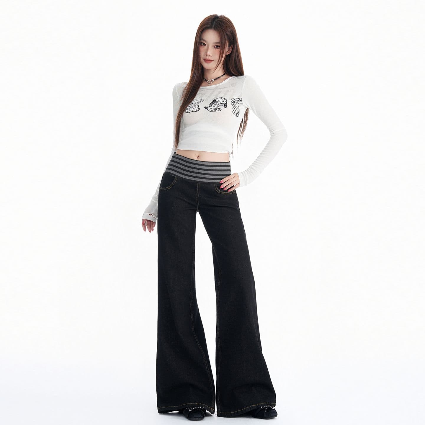 가을 아메리칸 거리 패치워크 스트라이프 신축성 아니요 막대기 다리 루즈핏 부츠컷 청바지 여성 이미지 5