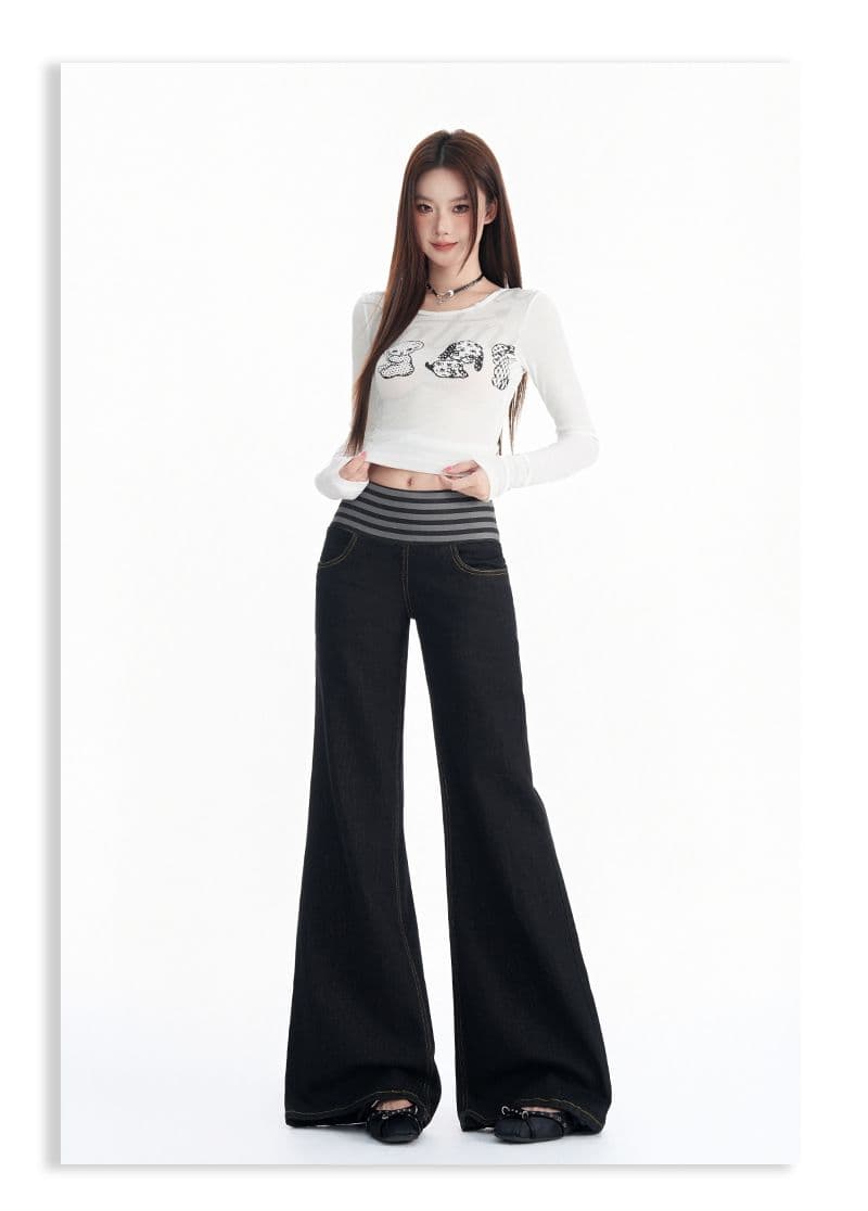 가을 아메리칸 거리 패치워크 스트라이프 신축성 아니요 막대기 다리 루즈핏 부츠컷 청바지 여성 상세 이미지 16