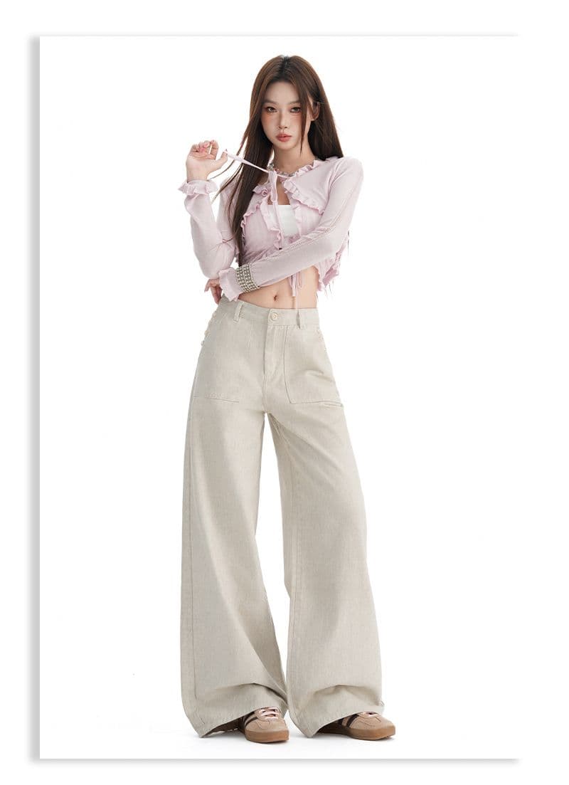 가을 아메리칸 레트로 레트로 단추 디자인 루즈핏 스트레이트 면 100% 청바지 여성 상세 이미지 11