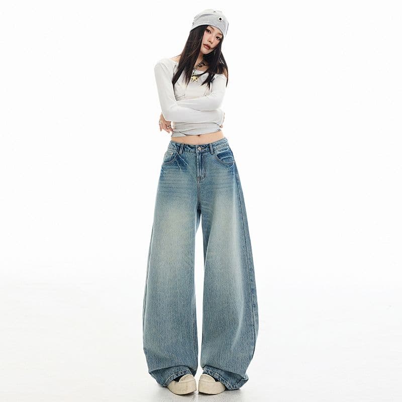 k515 감기 조정 특별 토닝 워싱 블루 모통이 칼 스트레이트 청바지 여성 슬림해 보이는 루즈핏 와이드 레그 팬츠 어린이 이미지 2