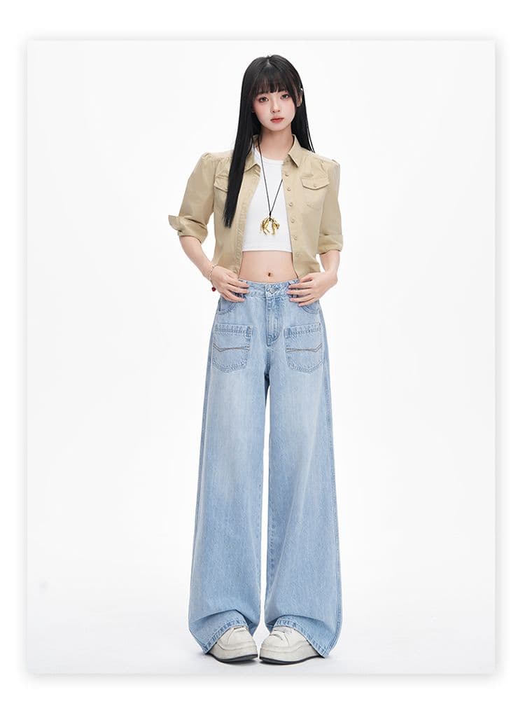 하늘색 넓은 다리 청바지 여성 2026 가을 새로운 더블 주머니 하이웨이스트 루즈핏 슬림해 보이는 다용도 바닥 청소 바지 상세 이미지 13