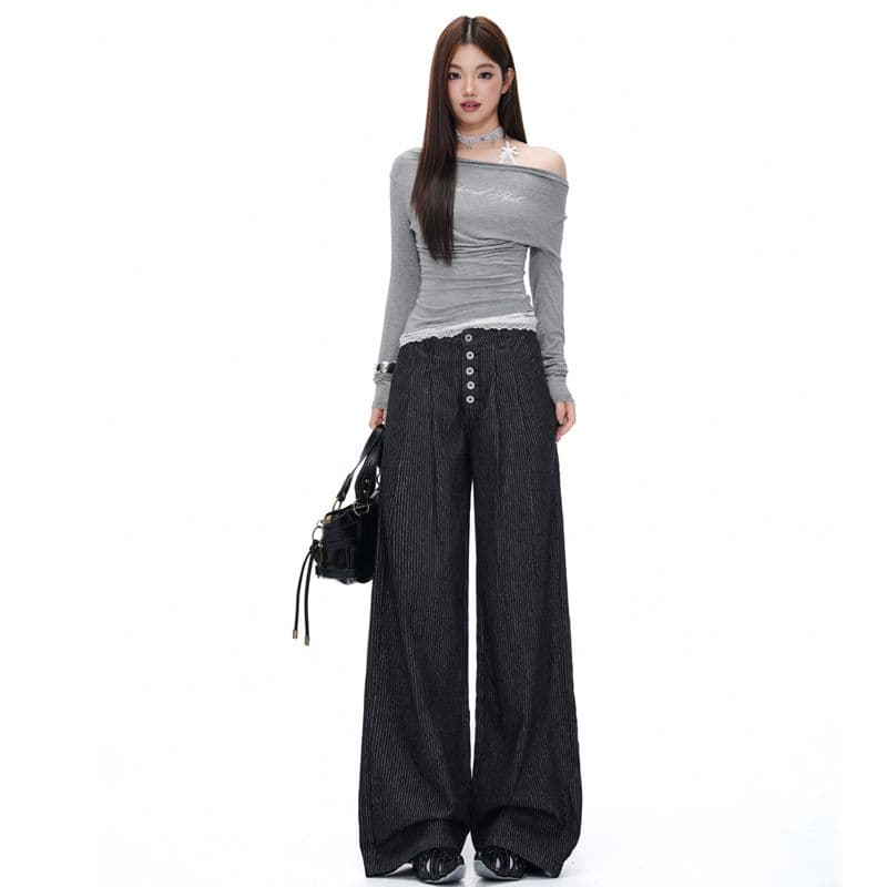 다섯 번째 회사 버클 더블 주름 한 마디 슬랙스 여성 아메리칸 스트라이프 고급 센스 캐주얼 넓은 다리 길이 바지 이미지 5