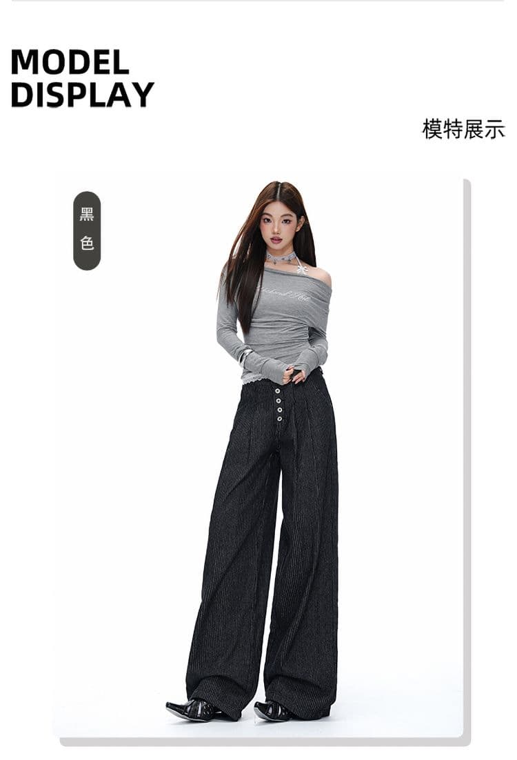다섯 번째 회사 버클 더블 주름 한 마디 슬랙스 여성 아메리칸 스트라이프 고급 센스 캐주얼 넓은 다리 길이 바지 상세 이미지 5